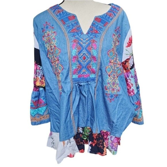 Calessa Tops - Calessa Embroidered Boho Top Size 1X Cotton Hippie